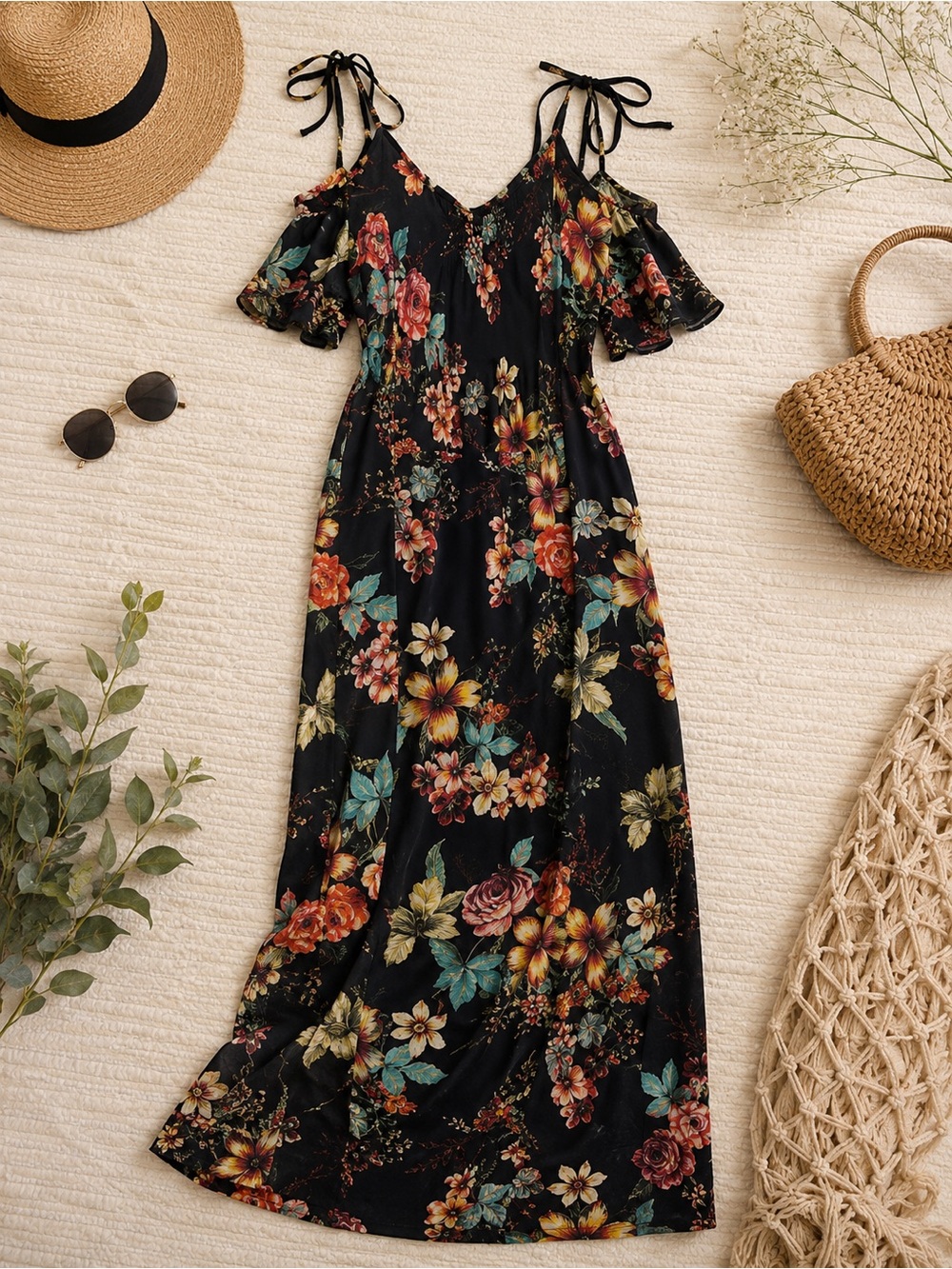 one clothing Black Floral Cold-Shoulder Maxi Dress with Multicolor Blooms - Picture 1 of 5